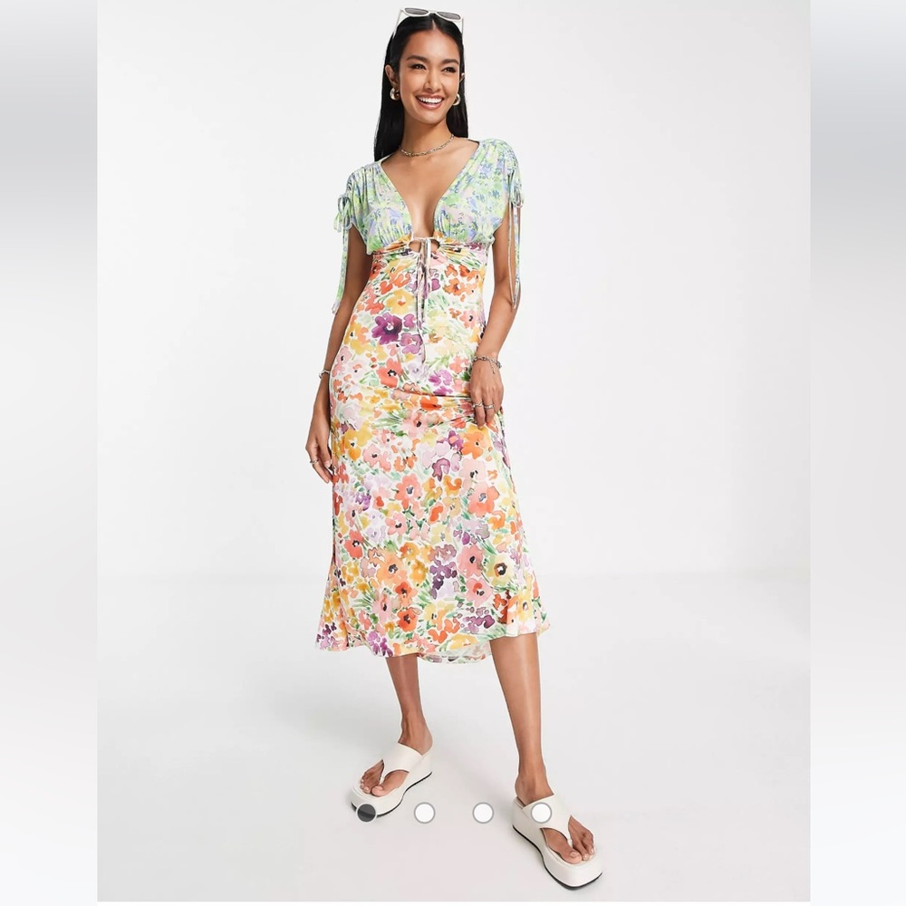 NWT ASOS DESIGN short sleeve tie detail midi tea dress in mix match floral